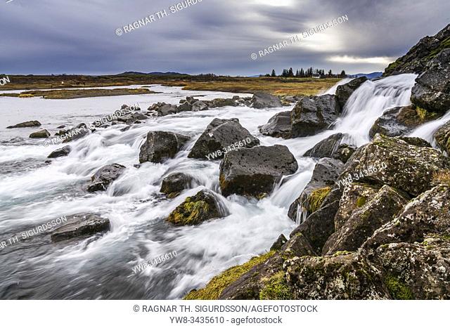 Rushing water, Oxara river, Thingvellir National Park, Iceland. Unesco World Heritage Site