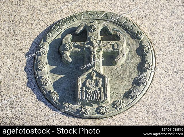 Convent of San Marcos at Leon City, Spain. Memorial medallion of Key towns of St. James pilgrimage, Roncesvalles