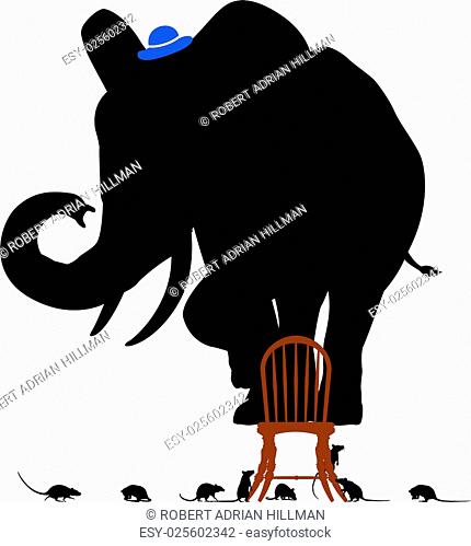 Editable vector silhouettes of a frightened elephant standing on a chair surrounded by rats