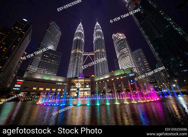 George Town, Kuala Lumpur/Malaysia - Jun 12 2017: KLCC tower with beautiful fountain at night