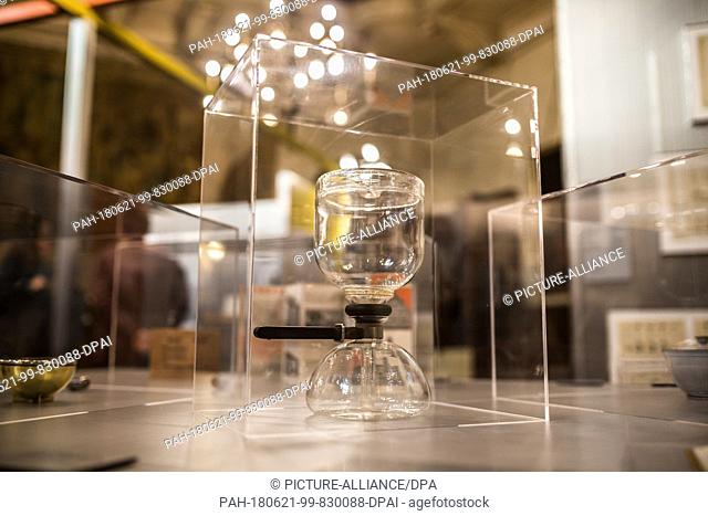 21 June 2018, Argentina, Buenos Aires: Picture of a coffee machine in the exhibition ""Die ganze Welt ein Bauhaus"" ('The whole world a Bauhaus')