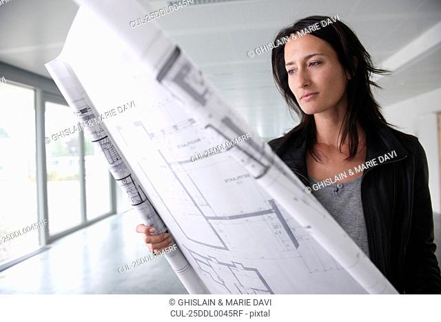 Architect looking at blue prints