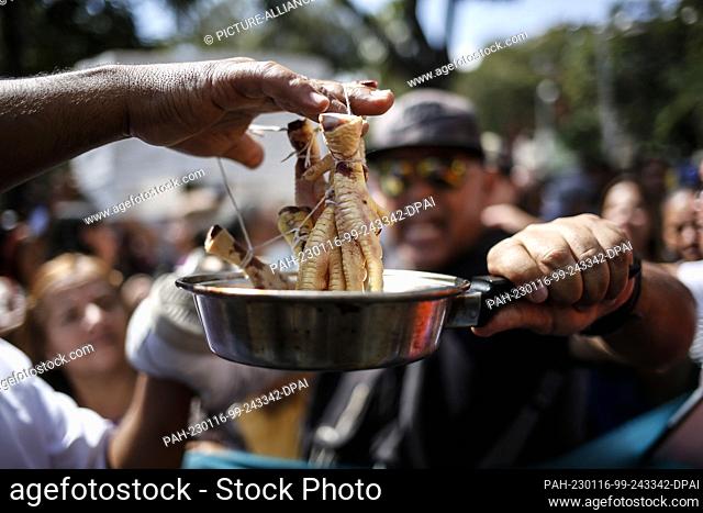 15 January 2023, Venezuela, Caracas: A demonstrator puts chicken paws in a pot as a representation of poverty during a protest by teachers