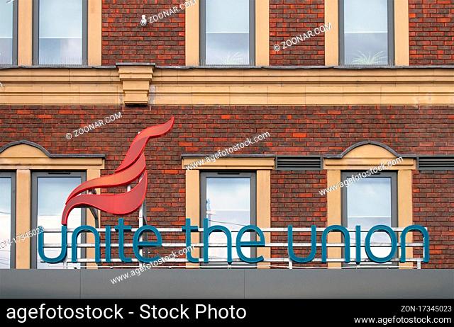 leeds, west yorkshire - 17 June 2021: sign above the entrance of the unite union headquarters on call lane in leeds