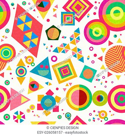 Seamless pattern background with geometric shapes and abstract designs in colorful vibrant pop style. EPS10 vector