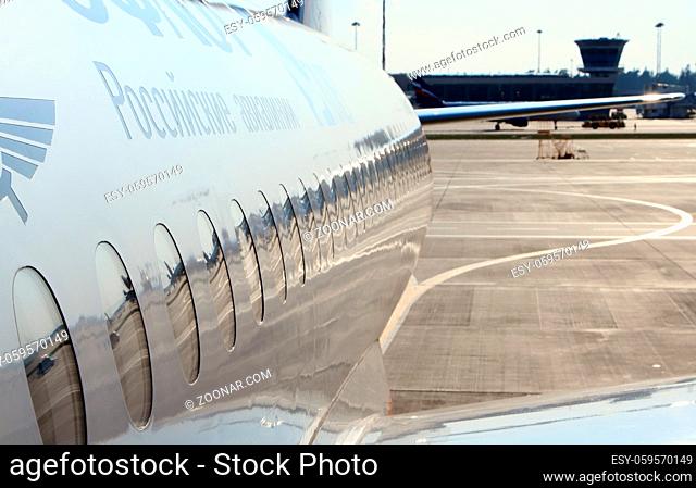 Moscow, Russian Federation, August 07, 2015: Fuselage of airplane Aeroflot company in the Sheremetyevo airport