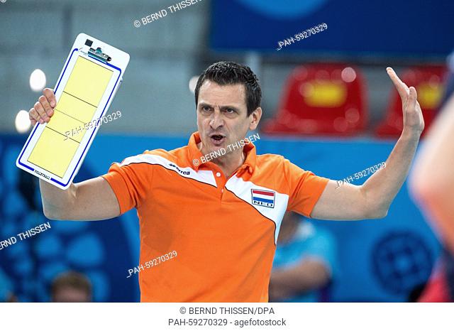 Netherland's team coach Giovanni Guidetti reacts in the Women's Volleyball Preliminary Round against Netherlands in Crystal Hall at the Baku 2015 European Games...