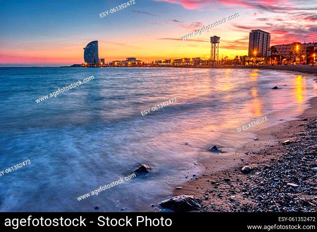 Barceloneta beach in Barcelona, Spain, after a beautiful sunset