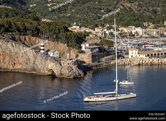 ship entering Soller port, Mallorca, Balearic Islands, Spain