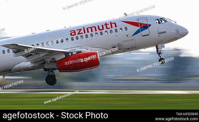 RUSSIA, SOCHI - NOVEMBER 2, 2023: A Sukhoi Superjet 100 plane operated by Azimuth and bound for Tel Aviv takes off from Sochi International Airport named after...