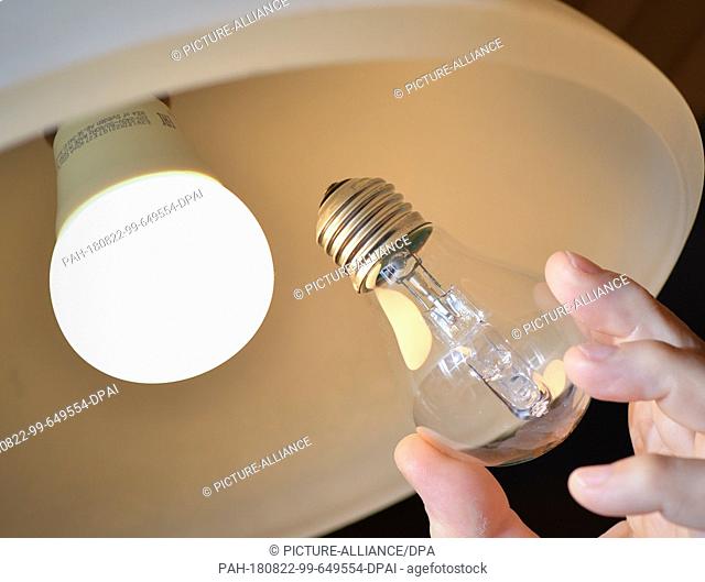 ILLUSTRATION - 21 August 2018, Germany, Sieversdorf: ILLUSTRATION: A halogen lamp (R) of a ceiling lamp is replaced by an energy-saving LED lamp