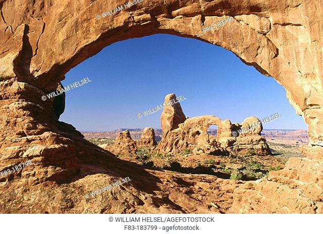 Turret Arch viewed trough North Window. Arches National Park. Utah. USA