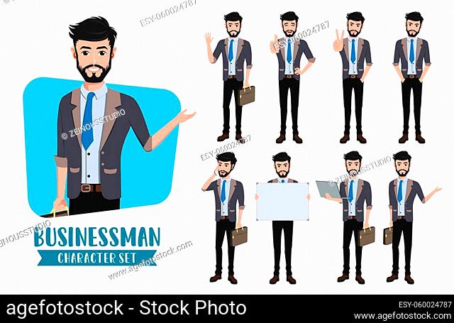 Businessman character vector set. Business man characters corporate sales presentation pose and gestures set like talking and presenting for business office...