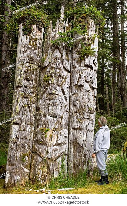 Kiusta Village, triple mortuary totem poles of Chief Edenshaw near Langara Island, Queen Charlotte Islands, British Columbia, Canada