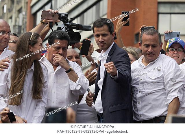 23 January 2019, Venezuela, Caracas: Juan Guaido, president of the deprived parliament in Venezuela, is confident after declaring himself head of state in front...