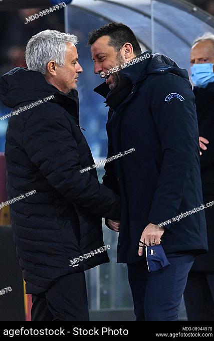 Roma trainer Jose Mourinho and Sampdoria trainer Roberto D'Aversa during the Roma-Sampdoria match at the stadio Olimpico
