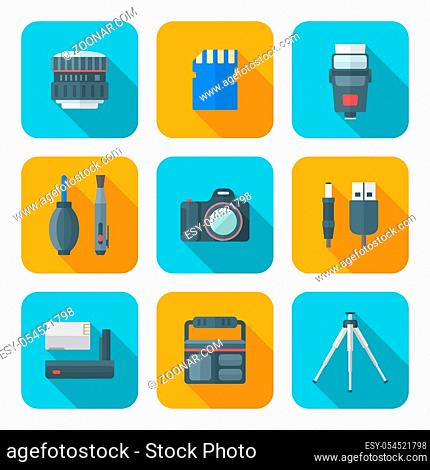 vector color flat design square digital photography equipment icons long shadow