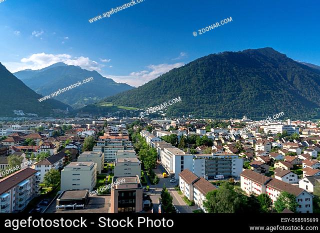 Chur, GR / Switzerland - 18 May 2020: aerial view of the city of Chur in the Swiss Alps on a beautiful spring day