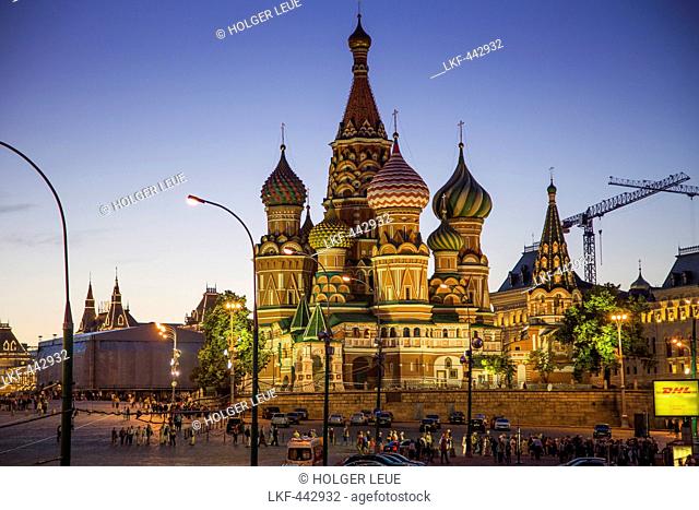 St. Basil's Cathedral on Red Square at dusk, Moscow, Russia, Europe
