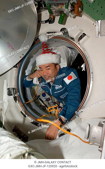 Wearing a festive holiday hat, Japan Aerospace Exploration Agency astronaut Soichi Noguchi, Expedition 22 flight engineer