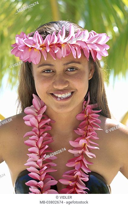 New Zealand, Cook islands, Aitutaki,  Beach, woman, young, flowers,  pink, laughing, portrait, palm abandoned, Series, southern Cook islands, Pacific