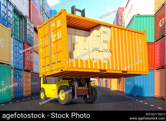 Cargo, shipment, delivery, logistics and freight transportation service. Cross section of container with cardboard boxes loading by forklift in warehouse