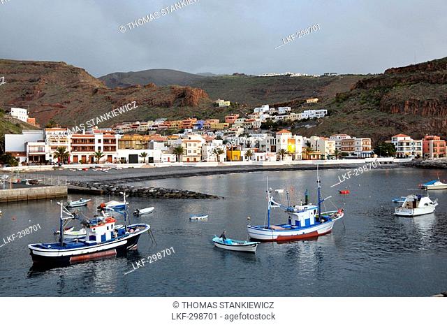 Playa de Santiago, fishing boats off shore at the south coast of Gomera, Canary Isles, Spain, Europe