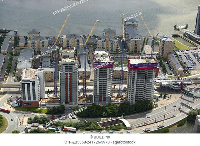 Aerial view of Electron, a residential property development by Barratt, London Docklands, Thames Gateway, UK