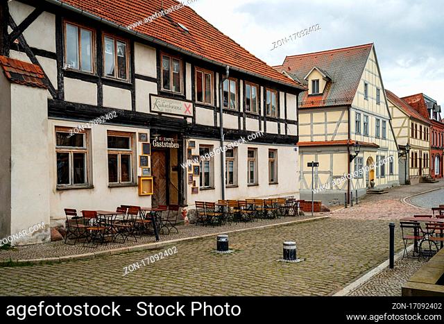TANGERMUENDE, GERMANY - APRIL 24, 2021: Closed restaurant. Old street of a historic town of Tangermuende. Saxony-Anhalt state