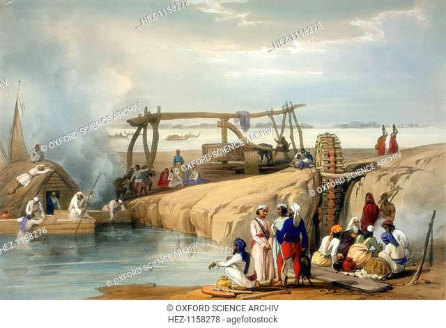 Persian wheel raising water from the Sutlej River, Punjab, 1842. From Sketches of Afghanistan by James Atkinson. (London, 1842)