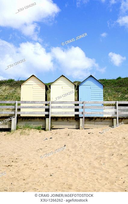 The beach huts at Summerleaze Beach, Bude, Cornwall, England, United Kingdom