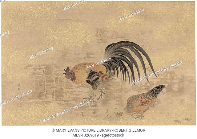 A beautiful print (with gold overlay) of a cockerel and a hen by Maruyama Okyo (1733 - 1795)