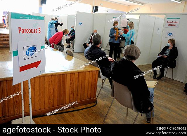 Covid 19 vaccination center in a municipal room. In Abbeville (80), people wait in the developed areas before seeing the doctor and receiving the vaccine