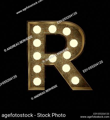 Metal letter R with small lamps on a dark background, 3d rendering