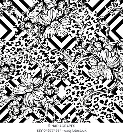 Eclectic fabric seamless pattern. Animal and geometric background with baroque ornament. Vector illustration