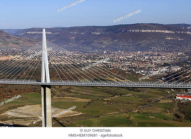 France, Aveyron (12), Millau, the A75 motorway viaduct between the Causses of Sauveterre and Larzac