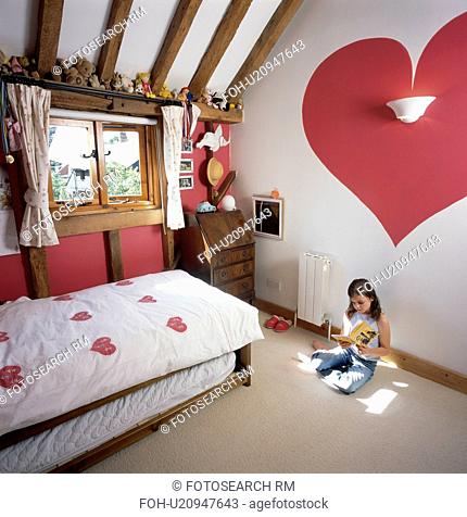 Small Girl In Child S Country Cottage Bedroom With Red Heart Painted On Wall Stock Photo Picture And Rights Managed Image Pic Foh U20947643 Agefotostock