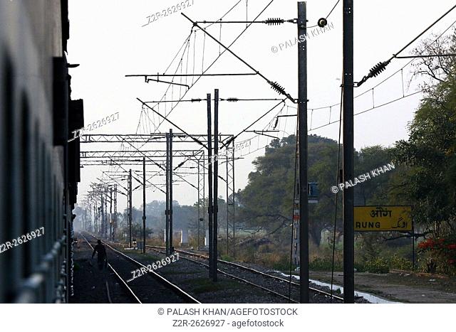 India 12 February 2016. Railway tracks and overhead electric polesin Ajmer