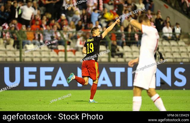 Belgium's Leander Dendoncker celebrates after scoring during a soccer game between Belgian national team the Red Devils and Poland