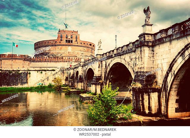 Castel Sant#39;Angelo, Rome, Italy. Tiber river and the Sant#39;Angelo bridge
