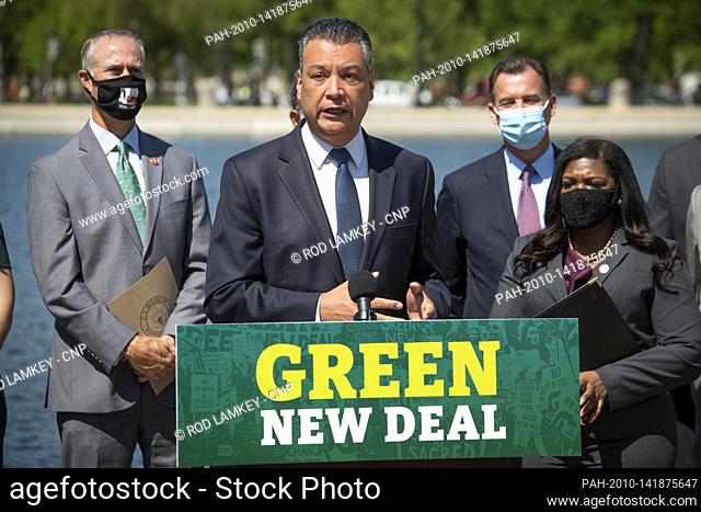 United States Senator Alex Padilla (Democrat of California) offers remarks during a press conference to re-introduce the Green New Deal in front of the US...