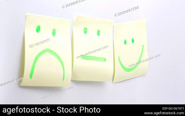 in the white background and empty space the smile in the memo like concept of emotions