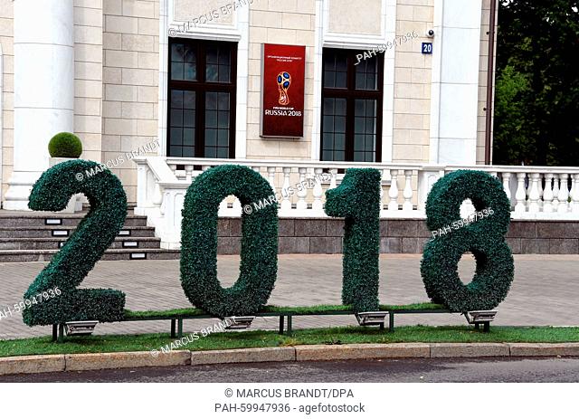A hedgerow in the shape of the date '2018' stands in front of the office of the Local Organising Committee (LOC) for the 2018 FIFA soccer world cup in Russia...