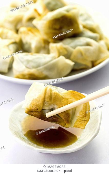 Close-up of fried dumplings on the plate