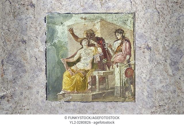 A Roman erotic fresco painting from Pompeii depicting Satyr caressing Hermaphrodite, Naples National Archaeological from the tablium of the Casa di Epidio...