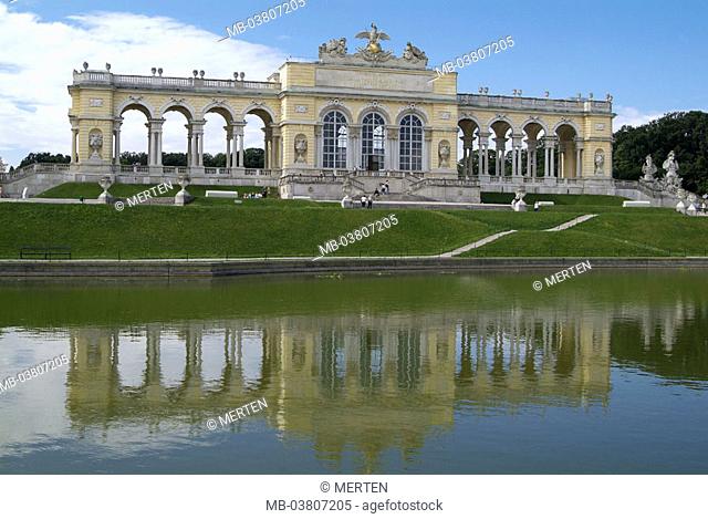 Austria, Vienna, palace Schönbrunn,  Palace park, Gloriette, basins  Series, capital, culture city, palace garden, park, triumphal gate, archway, columns