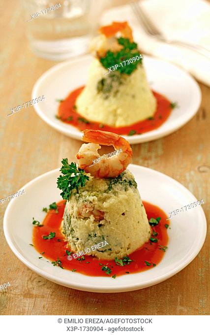 Pudding with broccoli and prawns