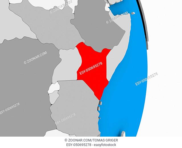 Kenya in red on model of political globe. 3D illustration