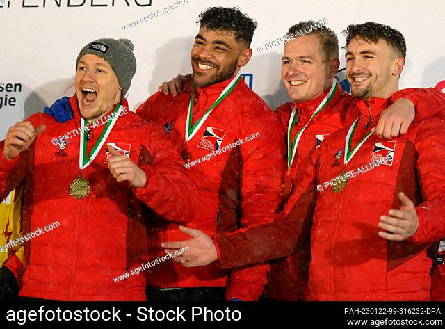 22 January 2023, Saxony, Altenberg: Bobsleigh: European Championship/World Cup, four-man bobsleigh, men, 2nd round at SachsenEnergie-Eiskanal Altenberg