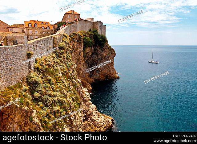 Yacht Approaching Impregnable Walls of Dubrovnik, Croatia